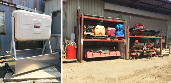 写真３：燃料保管の整備（B経営体・左）機械等施設の整備（C経営体・右）