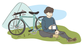 自転車を降りてくつろいでいるイラスト