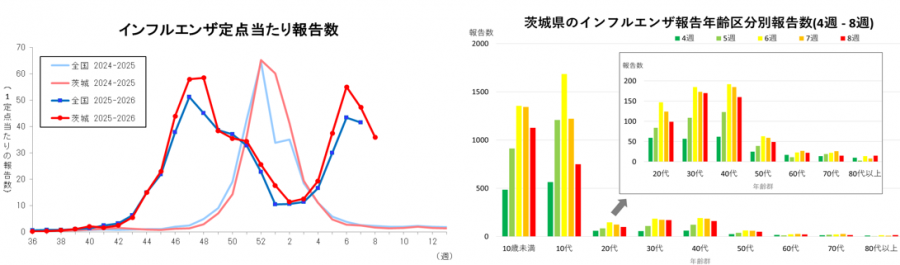 インフルエンザ定点当たり報告数の推移と年代別報告数