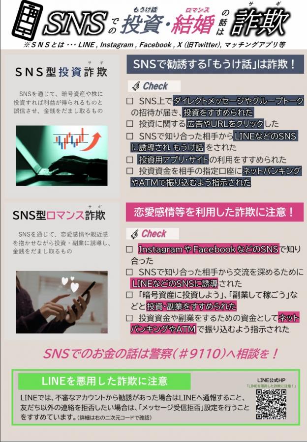 SNS型投資詐欺・ロマンス詐欺注意喚起のチラシ