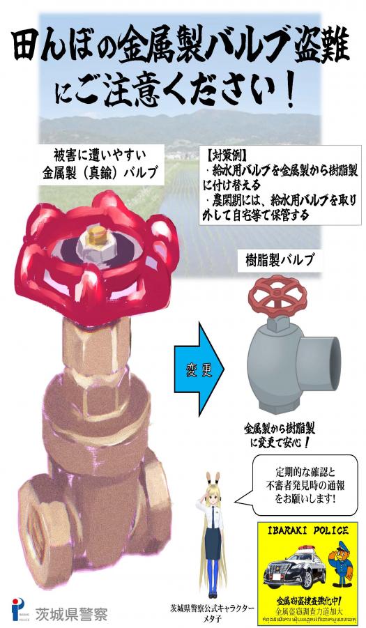 田んぼの金属製バルブ盗難にご注意ください