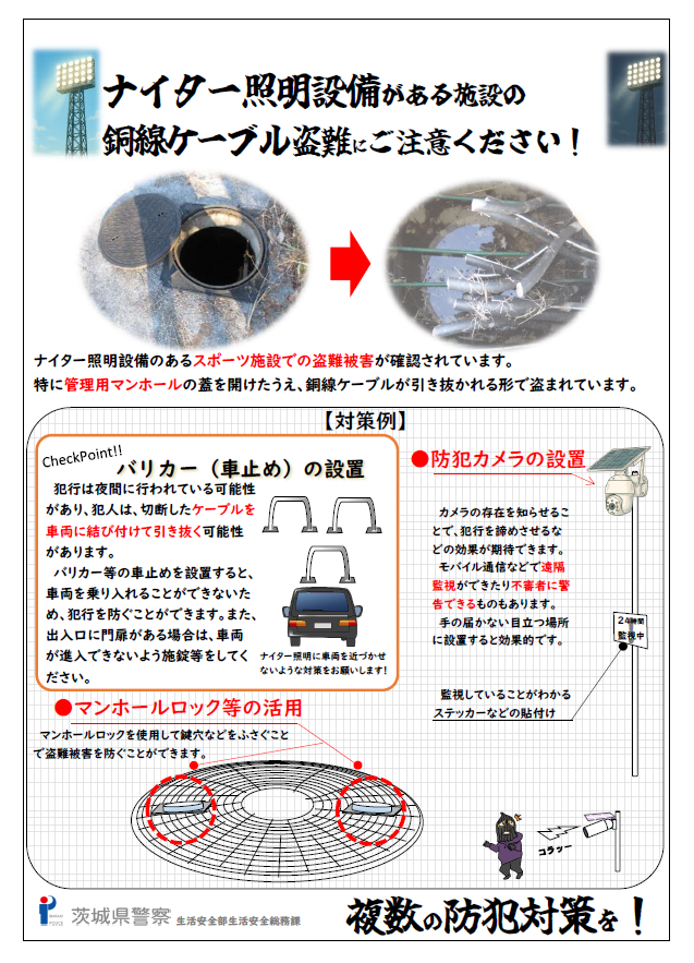 スポーツ関連施設等における銅線ケーブルに注意！のチラシ