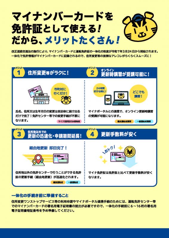 チラシ裏（マイナンバーカードと運転免許証を一体化すると、住所変更の手続きが楽になる等のメリットがあります）