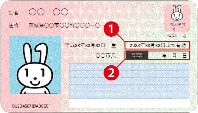 マイナンバーカード(マイナンバーカードの券面に、カードの有効期限と電子証明書の有効期限が記載されています。)