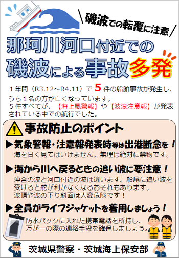 那珂川河口付近での磯波による事故多発チラシ