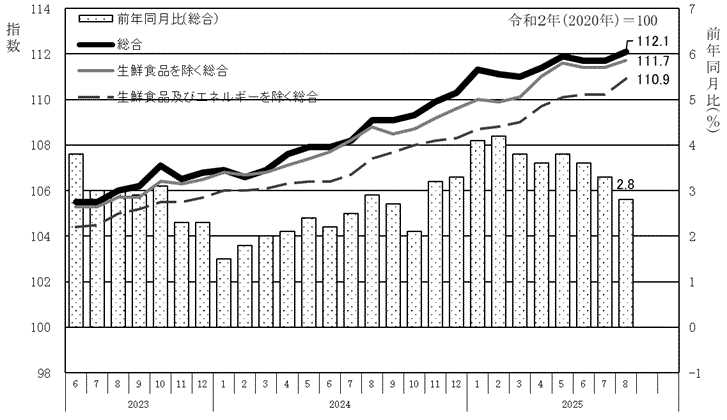 消費者物価指数及び前年同月比の推移水戸市のグラフ
