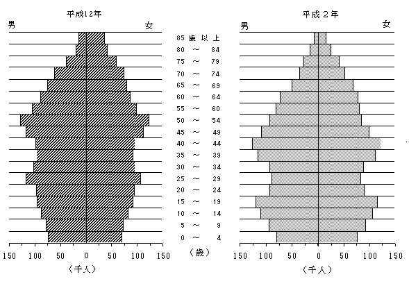 年齢（5歳階級）,男女別人口（平成2年・12年）