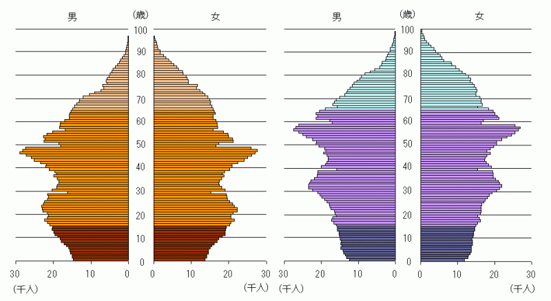 年齢（5歳階級）,男女別人口（平成7年・17年）