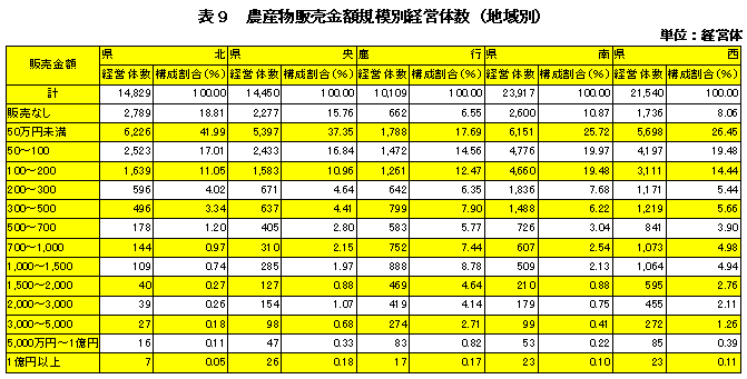 表9農産物販売金額規模別経営体数（地域別）