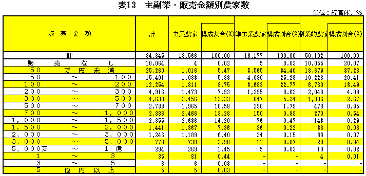 表13主副業・販売金額別農家数