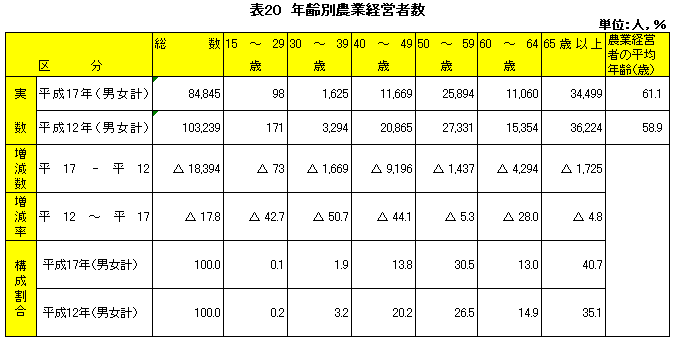 表20年齢別農業経営者数