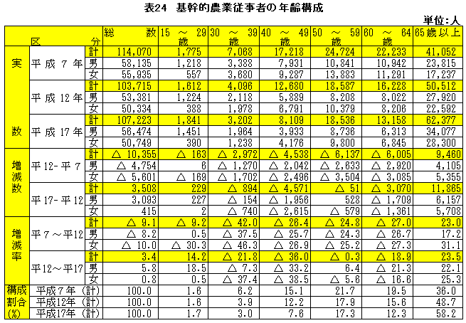 表24基幹的農業従事者の年齢構成