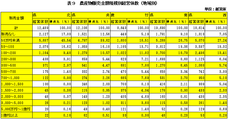 表9農産物販売金額規模別経営体数（地域別）