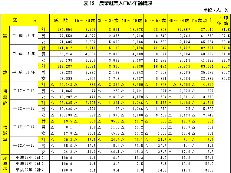 表19農業就業人口の年齢構成