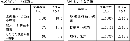 産業小分類別の状況(小売業)