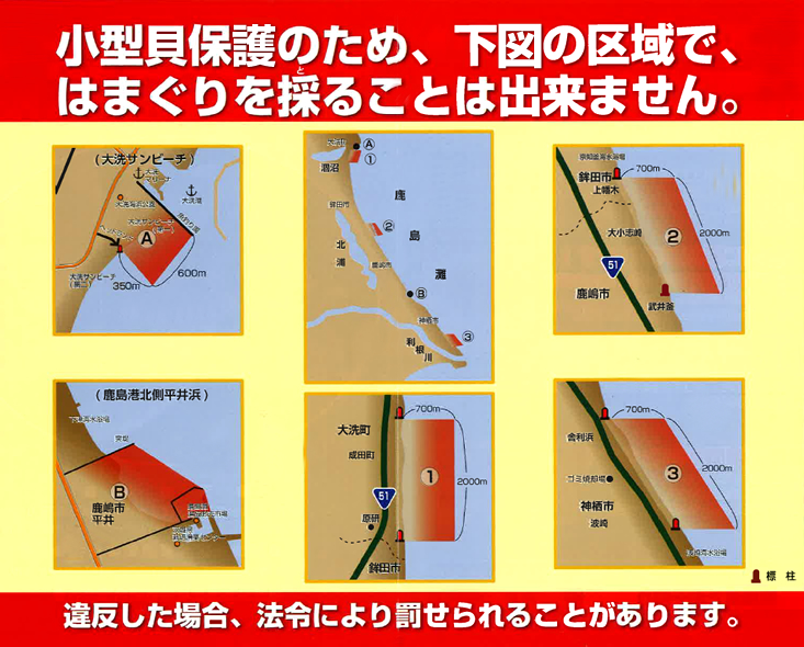 小型貝保護のため、図の地域で、はまぐりを採ることは出来ません。