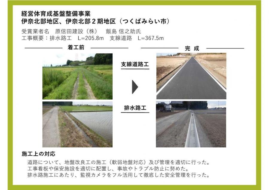 伊奈北部、伊奈北部2期地区。着工前と着工後の様子。支線道路工と排水路工を実施した。