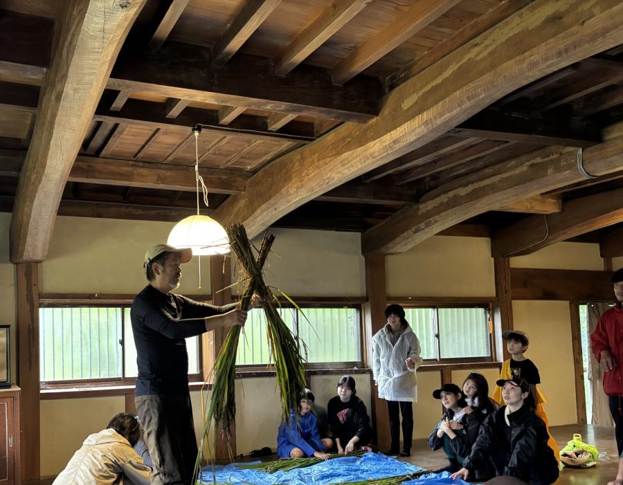 母屋にて稲を縛る練習