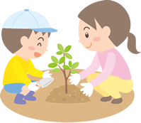 親子で木の苗を植えるイラスト