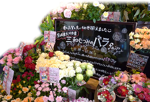 写真：都内でのバラフェア。さまざな色のバラの花が売られています。