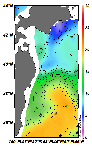AMSRによる2025年2月7日の房総から道東沖合の海面水温3℃台から20℃台となっている