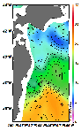 AMSRによる2025年5月2日の房総から道東沖合の海面水温5℃台から20℃台となっている