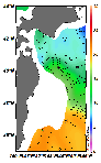 AMSRによる2025年5月18日の房総から道東沖合の海面水温5℃台から21℃台となっている