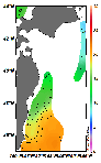 AMSRによる2025年6月4日の房総から道東沖合の海面水温7℃台から21℃台となっている