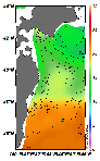AMSRによる2025年6月14日の房総から道東沖合の海面水温8℃台から23℃台となっている