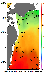 AMSRによる2025年6月29日の房総から道東沖合の海面水温11℃台から25℃台となっている