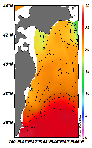 AMSRによる2025年7月13日の房総から道東沖合の海面水温14℃台から27℃台となっている