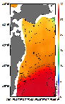 AMSRによる2025年7月14日の房総から道東沖合の海面水温15℃台から27℃台となっている