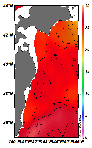 AMSRによる2025年8月14日の房総から道東沖合の海面水温20℃台から28℃台となっている