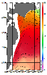 AMSRによる2025年8月27日の房総から道東沖合の海面水温16℃台から30℃台となっている