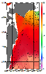 AMSRによる2025年8月28日の房総から道東沖合の海面水温15℃台から29℃台となっている
