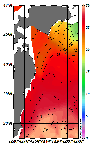 AMSRによる2025年9月4日の房総から道東沖合の海面水温15℃台から30℃台となっている