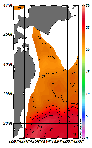 AMSRによる2025年9月30日の房総から道東沖合の海面水温21℃台から28℃台となっている