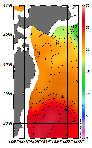 AMSRによる2025年10月9日の房総から道東沖合の海面水温13℃台から27℃台となっている