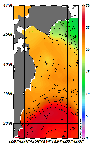 AMSRによる2025年10月13日の房総から道東沖合の海面水温11℃台から27℃台となっている