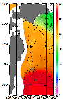 AMSRによる2025年10月14日の房総から道東沖合の海面水温11℃台から26℃台となっている