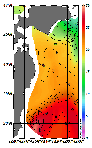 AMSRによる2025年10月23日の房総から道東沖合の海面水温9℃台から28℃台となっている