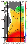 AMSRによる2025年10月18日の房総から道東沖合の海面水温9℃台から26℃台となっている