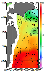 AMSRによる2025年10月30日の房総から道東沖合の海面水温8℃台から26℃台となっている
