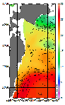 AMSRによる2025年10月31日の房総から道東沖合の海面水温8℃台から26℃台となっている
