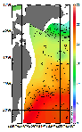 AMSRによる2025年11月1日の房総から道東沖合の海面水温8℃台から25℃台となっている