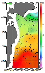 AMSRによる2025年11月3日の房総から道東沖合の海面水温8℃台から25℃台となっている