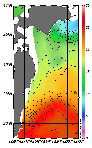 AMSRによる2025年11月4日の房総から道東沖合の海面水温7℃台から25℃台となっている