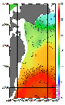 AMSRによる2025年11月6日の房総から道東沖合の海面水温7℃台から25℃台となっている