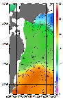 AMSRによる2025年11月27日の房総から道東沖合の海面水温5℃台から23℃台となっている