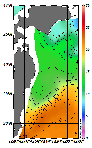 AMSRによる2025年12月8日の房総から道東沖合の海面水温7℃台から23℃台となっている